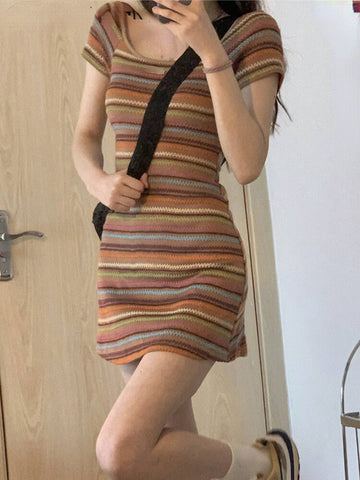 Yipinpay Summer Korean 2 Piece Dress Set Woman Rainbow Sexy Bodycon Strap Mini Dress + Pure Color Long Sleeve Tops Elegant Suit